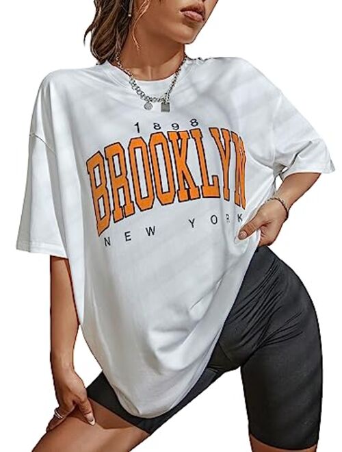 SOLY HUX Women's Graphic Oversized Tees Letter Print Summer Tops Vintage Half Sleeve Loose Casual T Shirts