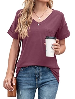 TASAMO Women's Short Sleeve V-Neck Shirts Loose Casual Tee T-Shirt Basic Tops