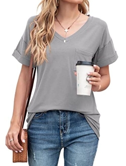 TASAMO Women's Short Sleeve V-Neck Shirts Loose Casual Tee T-Shirt Basic Tops