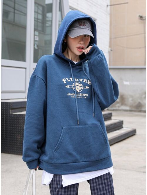 DAZY Slogan & Helicopter Print Kangaroo Pocket Drop Shoulder Drawstring Thermal Hoodie