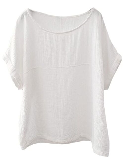 Soojun Women's Cotton Linen Round Collar Boxy Top Patchwork Blouses