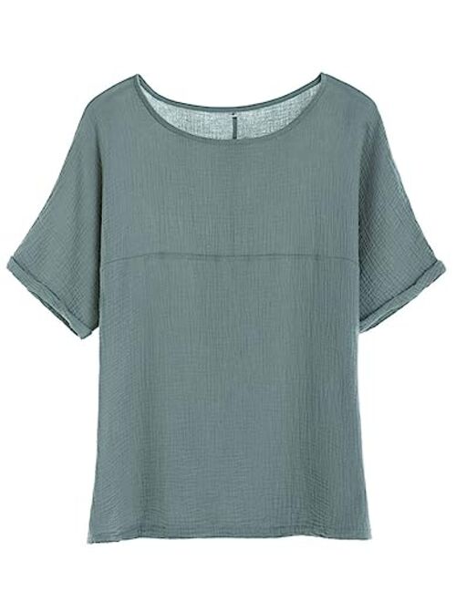 Soojun Women's Cotton Linen Round Collar Boxy Top Patchwork Blouses