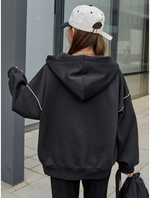 DAZY Contrast Piping Drop Shoulder Zipper Drawstring Thermal Hoodie