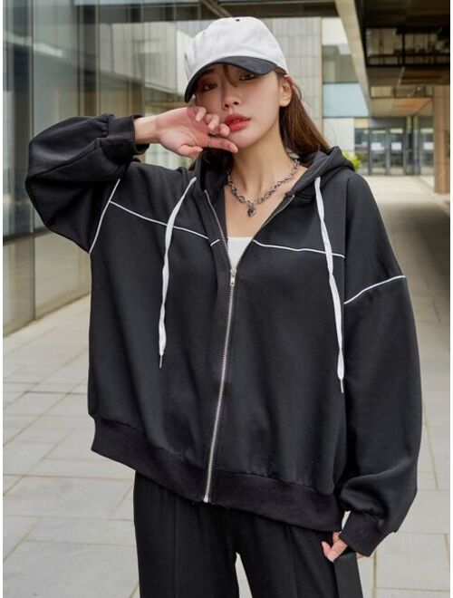 DAZY Contrast Piping Drop Shoulder Zipper Drawstring Thermal Hoodie