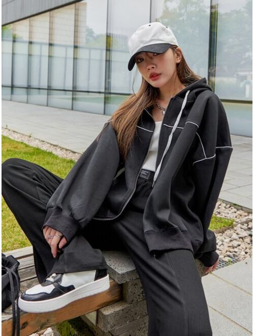 DAZY Contrast Piping Drop Shoulder Zipper Drawstring Thermal Hoodie