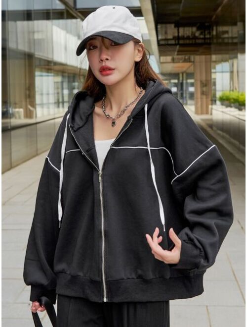 DAZY Contrast Piping Drop Shoulder Zipper Drawstring Thermal Hoodie