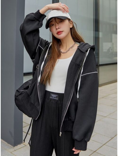 DAZY Contrast Piping Drop Shoulder Zipper Drawstring Thermal Hoodie