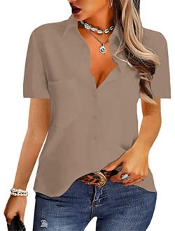 AISEW Womens Casual Button Down Shirts V Neck Chiffon Long/Short Sleeve Collared Office Work Blouses Tops with Pocket