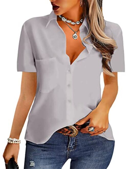 AISEW Womens Casual Button Down Shirts V Neck Chiffon Long/Short Sleeve Collared Office Work Blouses Tops with Pocket