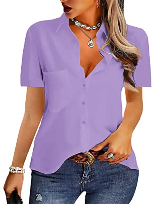 AISEW Womens Casual Button Down Shirts V Neck Chiffon Long/Short Sleeve Collared Office Work Blouses Tops with Pocket