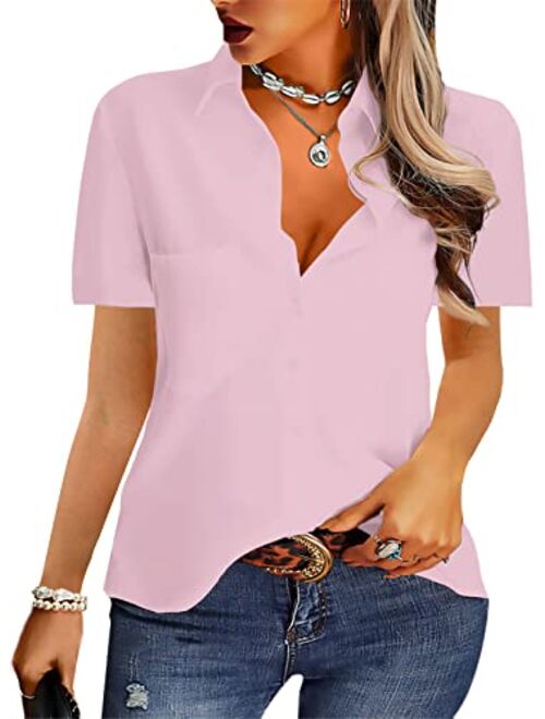 AISEW Womens Casual Button Down Shirts V Neck Chiffon Long/Short Sleeve Collared Office Work Blouses Tops with Pocket