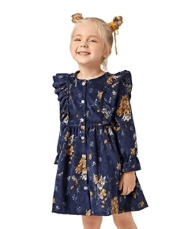 Toddler Girl's Floral Print Button Front Ruffle Trim Long Sleeve Corduroy Dress