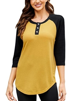 HOCOSIT Women's Raglan Round Neck Summer Tops Ladies Basic Button Henley Shirt Boyfriend Style Blouse