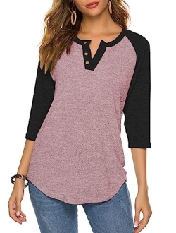 HOCOSIT Women's Raglan Round Neck Summer Tops Ladies Basic Button Henley Shirt Boyfriend Style Blouse