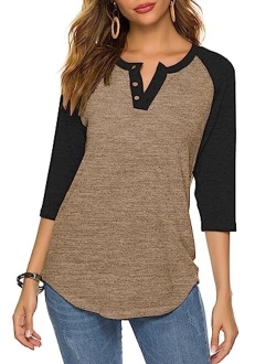 HOCOSIT Women's Raglan Round Neck Summer Tops Ladies Basic Button Henley Shirt Boyfriend Style Blouse