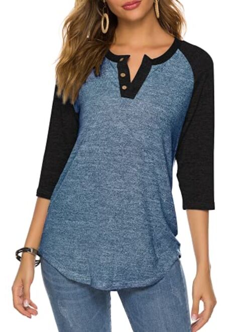 HOCOSIT Women's Raglan Round Neck Summer Tops Ladies Basic Button Henley Shirt Boyfriend Style Blouse