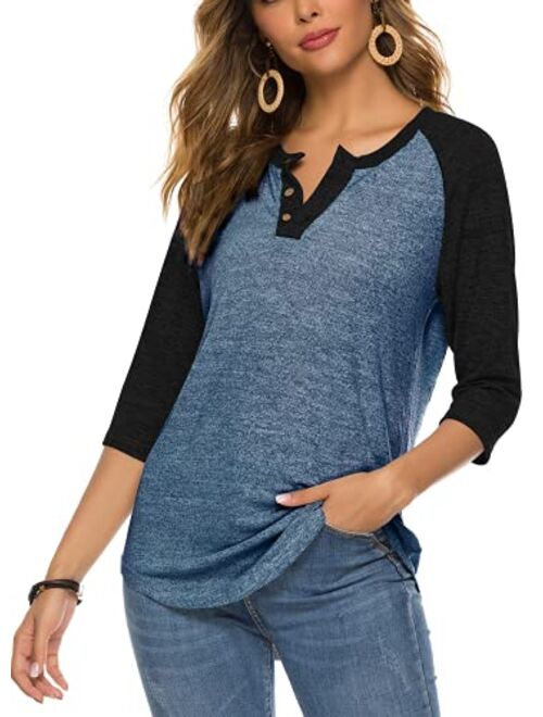 HOCOSIT Women's Raglan Round Neck Summer Tops Ladies Basic Button Henley Shirt Boyfriend Style Blouse