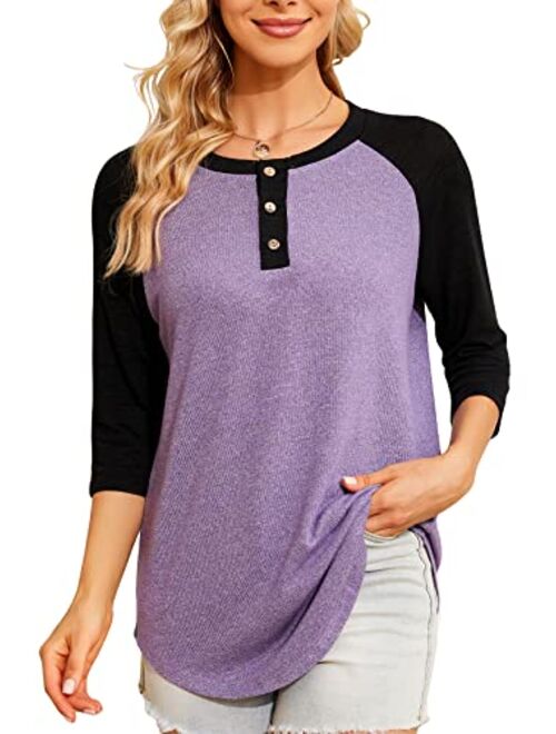 HOCOSIT Women's Raglan Round Neck Summer Tops Ladies Basic Button Henley Shirt Boyfriend Style Blouse