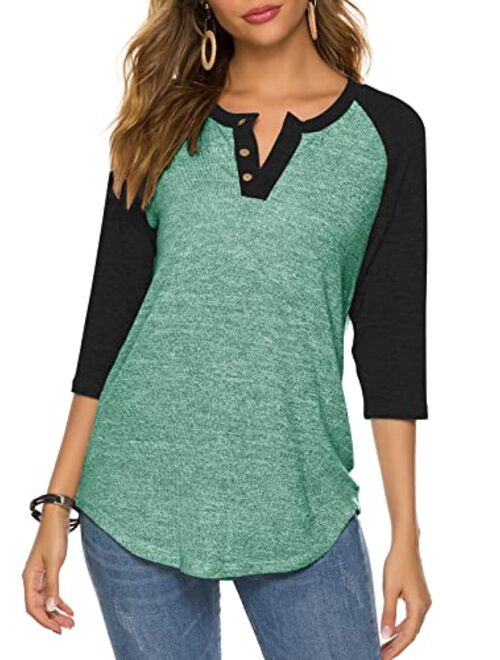 HOCOSIT Women's Raglan Round Neck Summer Tops Ladies Basic Button Henley Shirt Boyfriend Style Blouse