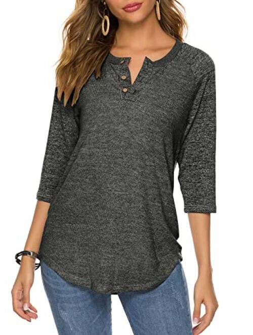 HOCOSIT Women's Raglan Round Neck Summer Tops Ladies Basic Button Henley Shirt Boyfriend Style Blouse