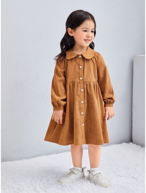 SHEIN Toddler Girls Lantern Sleeve Ruffle Hem Corduroy Smock Dress