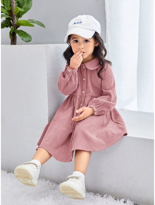 SHEIN Toddler Girls Lantern Sleeve Ruffle Hem Corduroy Smock Dress