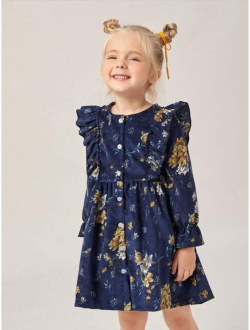 SHEIN Kids EVRYDAY Toddler Girls Floral Print Flounce Sleeve Ruffle Trim Corduroy Dress