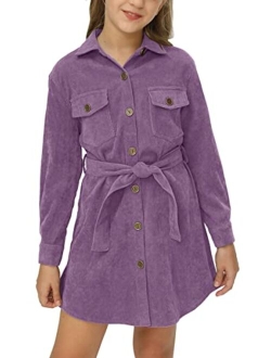 Auburet Girls Long Sleeve Corduroy Dresses Bid Kids Button Front Collared Shirtdress with Belt