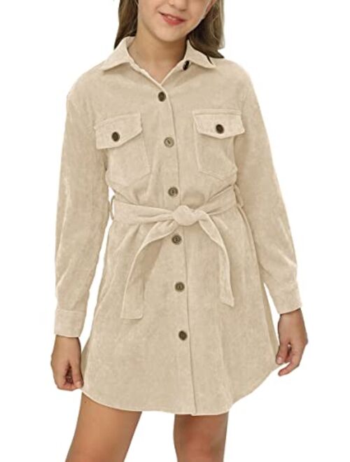 Auburet Girls Long Sleeve Corduroy Dresses Bid Kids Button Front Collared Shirtdress with Belt