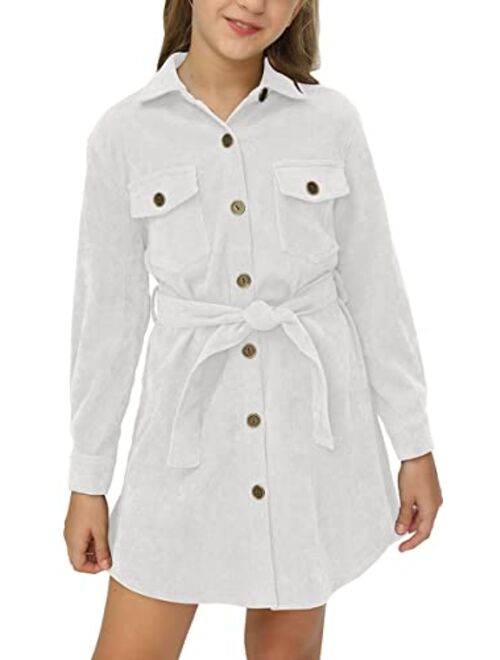 Auburet Girls Long Sleeve Corduroy Dresses Bid Kids Button Front Collared Shirtdress with Belt