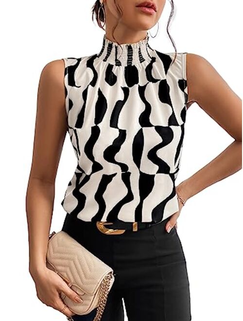 SOLY HUX Women's Allover Print Mock Neck Shirred Sleeveless Blouse Summer Tops