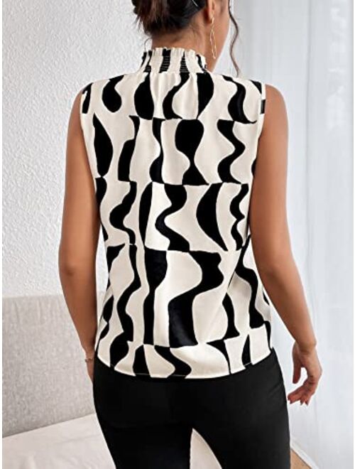 SOLY HUX Women's Allover Print Mock Neck Shirred Sleeveless Blouse Summer Tops