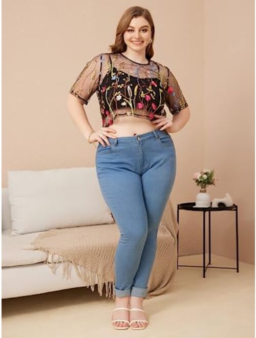 SOLY HUX Women's Plus Size Sheer Mesh Floral Print Crop Tops Tee Sexy See Through Short Sleeve T Shirt Blouse