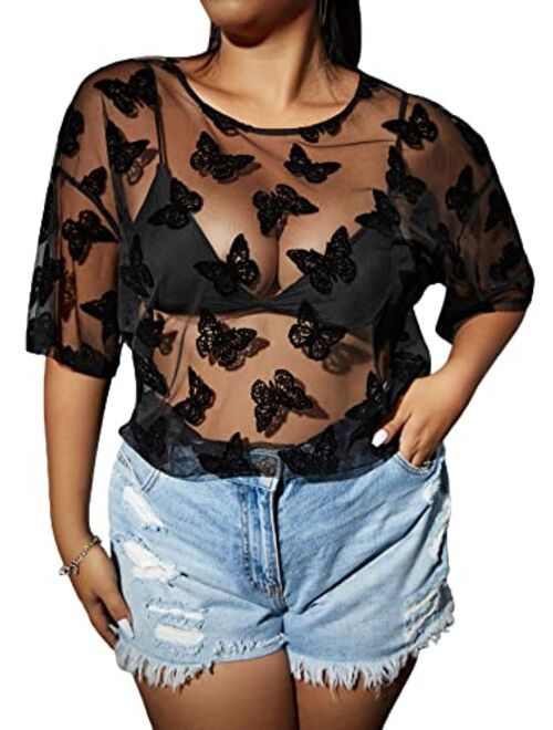 SOLY HUX Women's Plus Size Sheer Mesh Floral Print Crop Tops Tee Sexy See Through Short Sleeve T Shirt Blouse