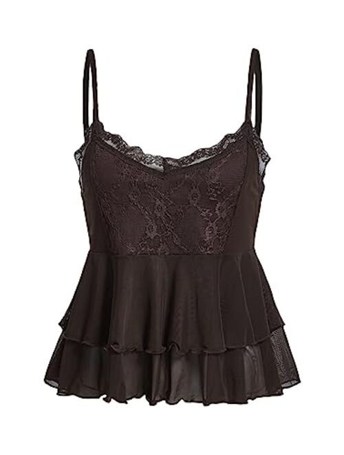 SOLY HUX Women's Contrast Lace Layered Ruffle Hem Cami Crop Top Y2k Tops