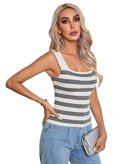 Women's Square Neck Tank Top Basic Ribbed Knit Cami Casual Sleeveless Slim Fit Summer Tops