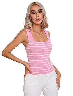 Women's Square Neck Tank Top Basic Ribbed Knit Cami Casual Sleeveless Slim Fit Summer Tops