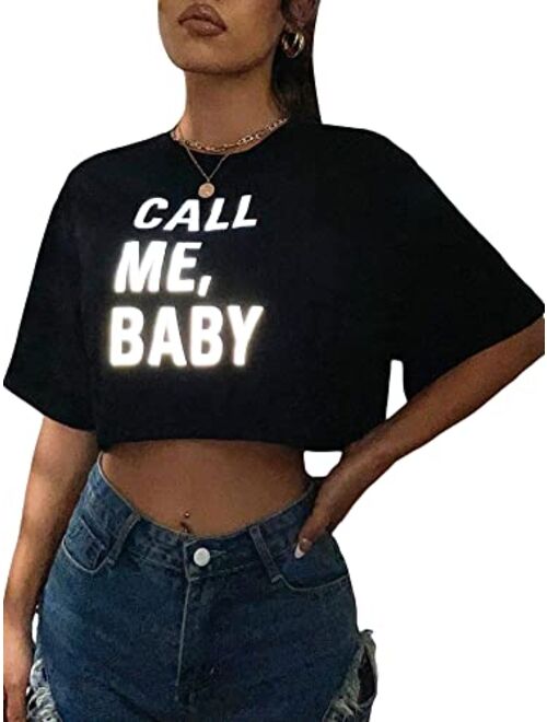 SOLY HUX Women's Reflective Letter Print Crop Tee Tops Short Sleeve Casual Summer T Shirts