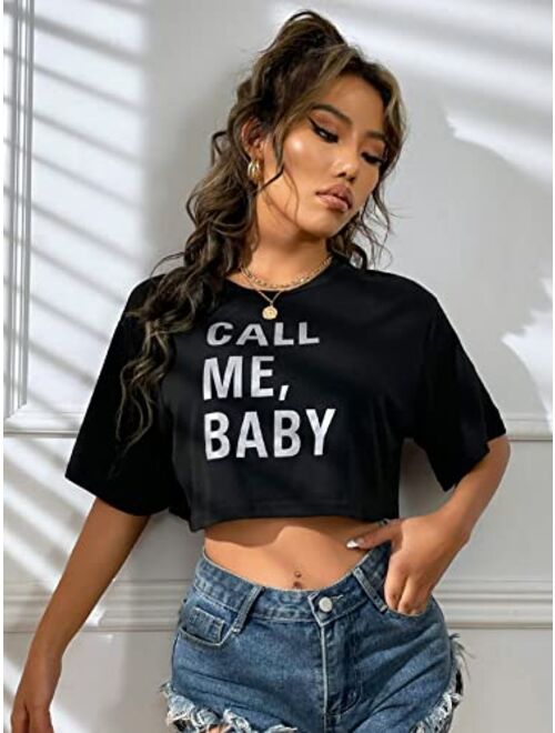 SOLY HUX Women's Reflective Letter Print Crop Tee Tops Short Sleeve Casual Summer T Shirts