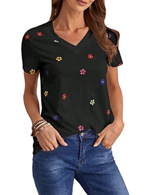 SOLY HUX Women's Floral Print V Neck Short Sleeve T Shirt Summer Tee Tops