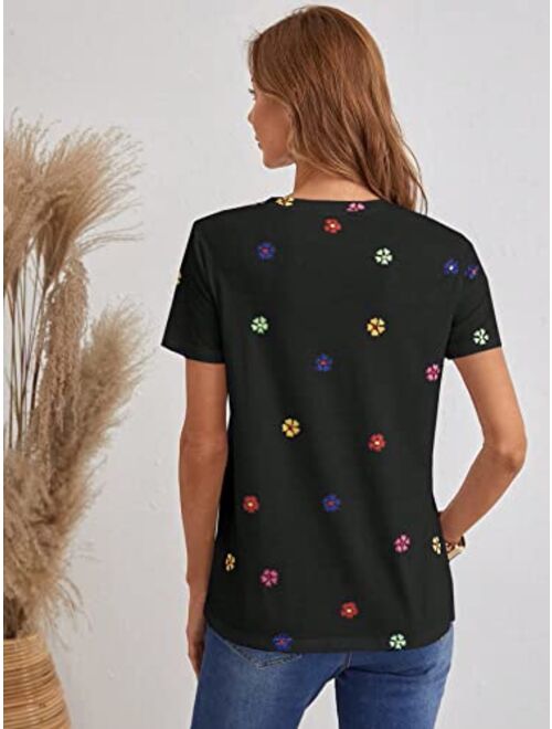 SOLY HUX Women's Floral Print V Neck Short Sleeve T Shirt Summer Tee Tops