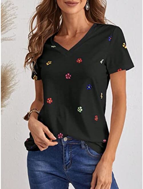 SOLY HUX Women's Floral Print V Neck Short Sleeve T Shirt Summer Tee Tops