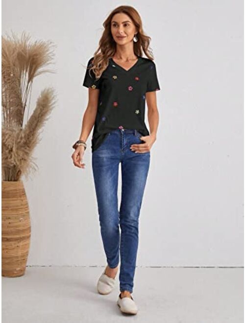 SOLY HUX Women's Floral Print V Neck Short Sleeve T Shirt Summer Tee Tops