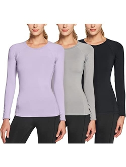 1 or 3 Pack Women's Thermal Long Sleeve Tops, Winter Fleece Lined Crew Neck Shirts, Lightweight Compression Base Layer