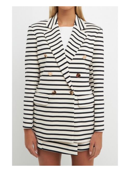 ENGLISH FACTORY Women's Striped Knit Double Breasted Blazer