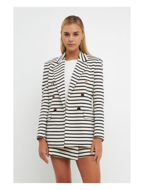 ENGLISH FACTORY Women's Striped Knit Double Breasted Blazer