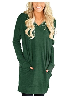 XUERRY Womens Casual V-Neck Solid Color Long Sleeves with Pocket Sweatshirt Tunics Blouse Tops