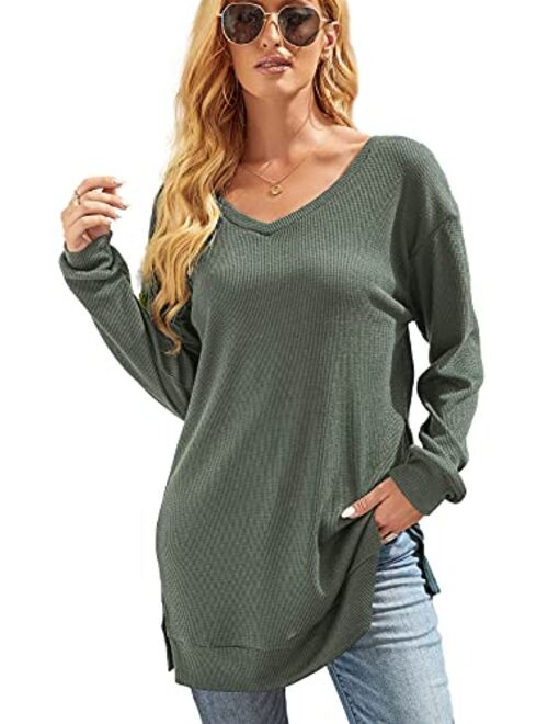 XUERRY Womens Casual V-Neck Solid Color Long Sleeves with Pocket Sweatshirt Tunics Blouse Tops