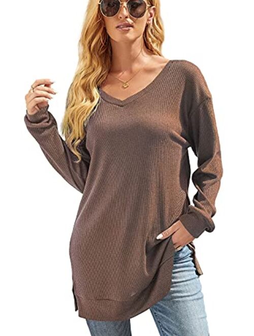 XUERRY Womens Casual V-Neck Solid Color Long Sleeves with Pocket Sweatshirt Tunics Blouse Tops