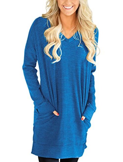 XUERRY Womens Casual V-Neck Solid Color Long Sleeves with Pocket Sweatshirt Tunics Blouse Tops